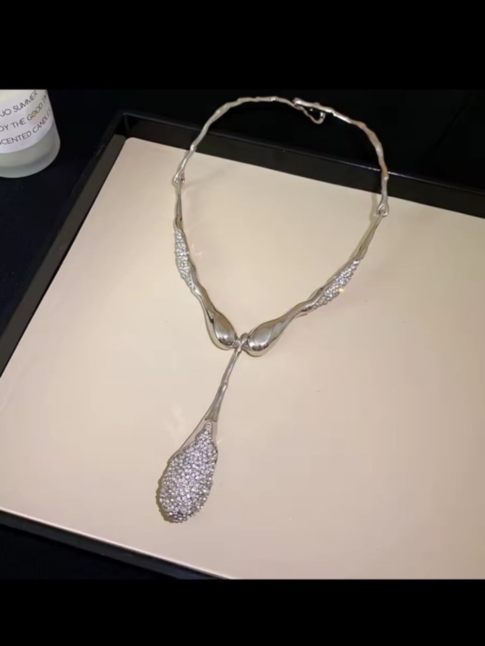 Irregular rhodium plated  water drop necklace with clear swarovski elements #368